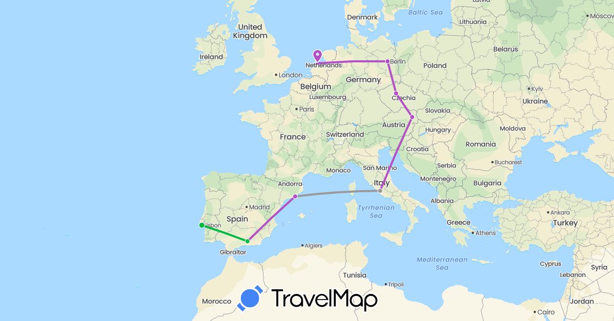 TravelMap itinerary: driving, bus, plane, train in Austria, Czech Republic, Germany, Spain, Italy, Netherlands, Portugal (Europe)